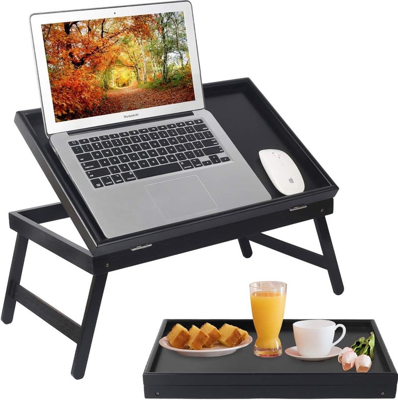 Artmeer Bed Tray Table Breakfast Food Tray with Folding Legs Kitchen Serving Tray for Lap Desks Notebook Computer Bed Platters TV Snack Tray, Adjustable (Black) - Image 1